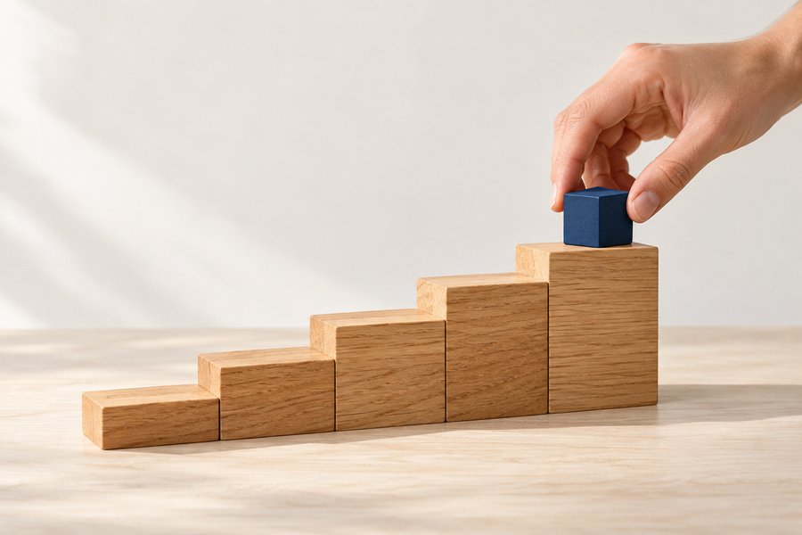 Eine Hand setzt einen blauen Würfel auf die oberste Stufe einer Holztreppe
