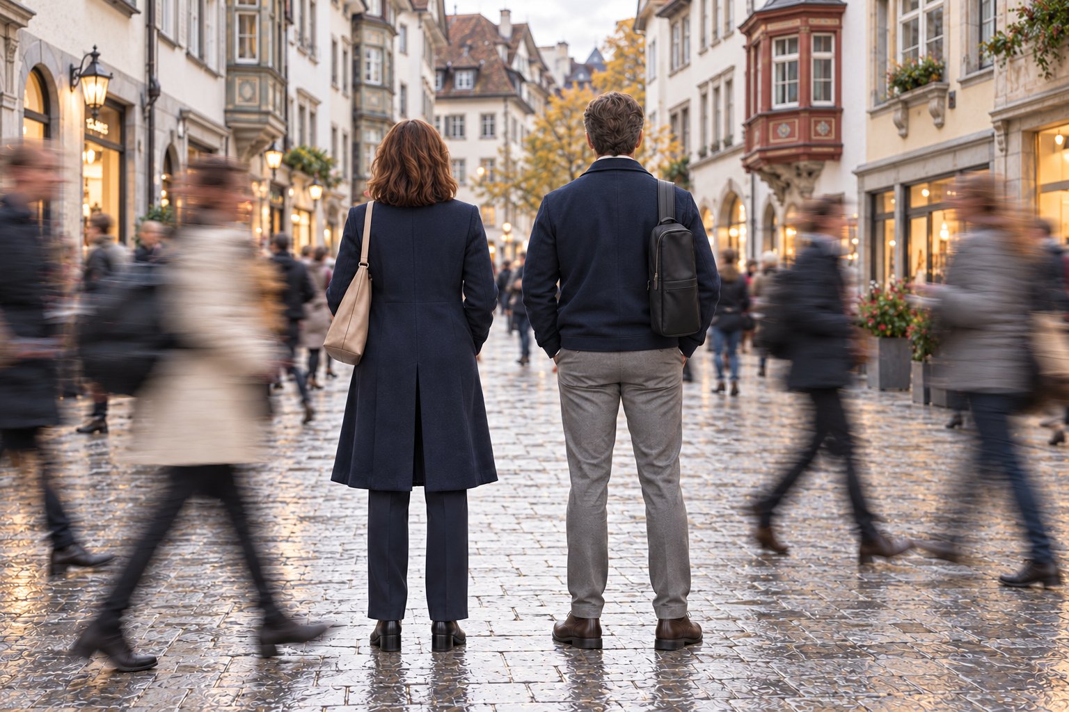 Zwei Menschen stehen ruhig in einer Altstadtgasse, während Passanten an ihnen vorbeieilen